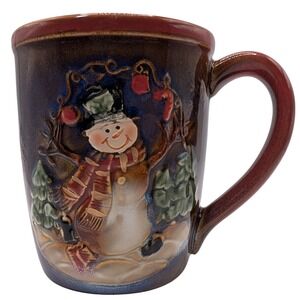 Snowman 3D Coffee Mug Rustic Textured Ten Ounce Four Inches Brown Blue Christmas